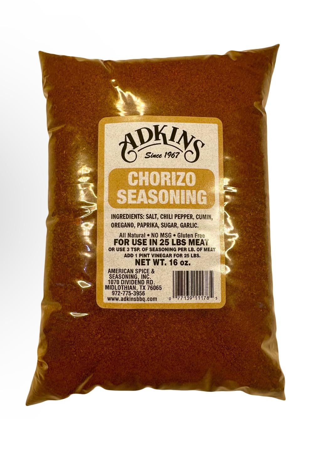 Adkins front packaging of chorizo seasoning showing label and easy identification benefit