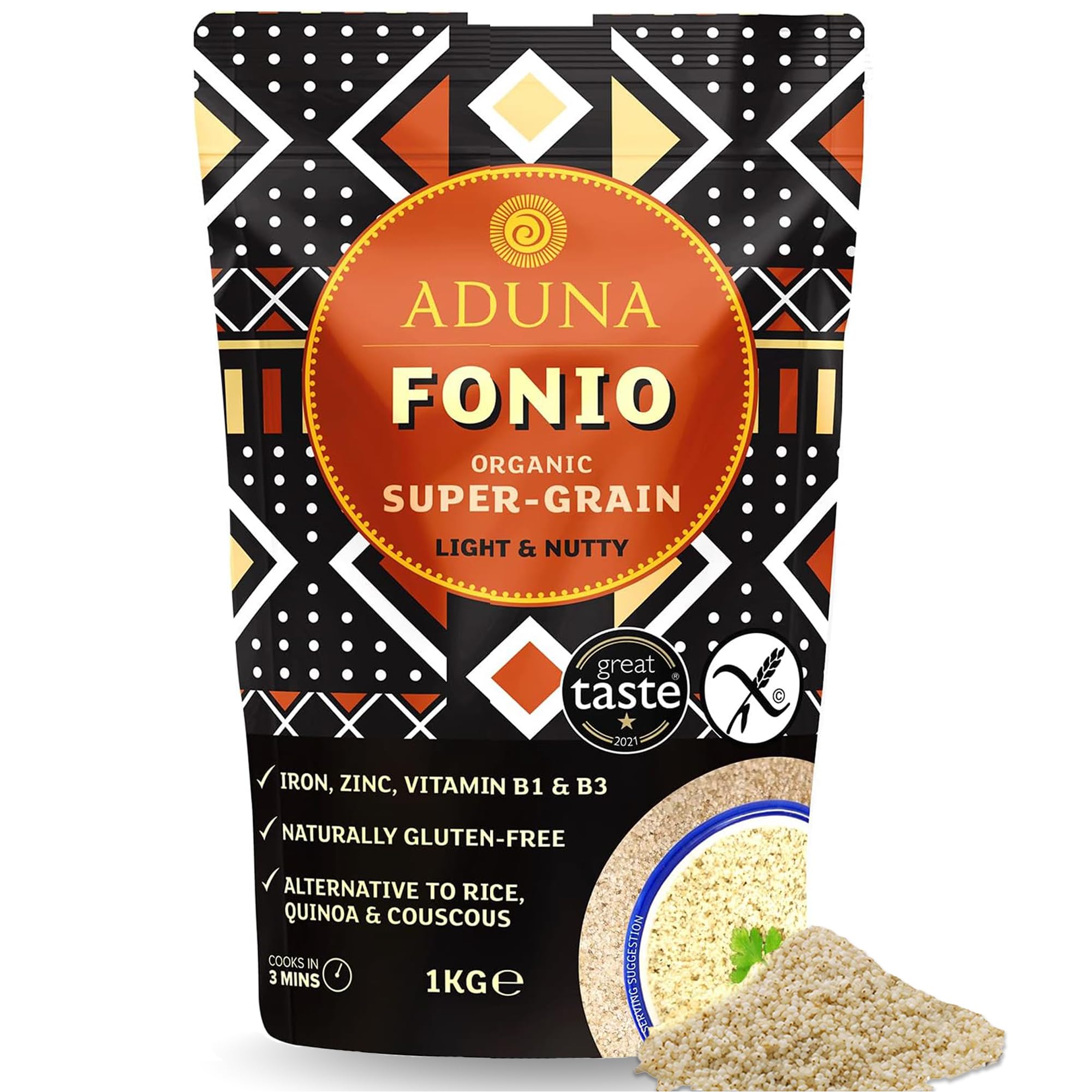 Aduna fonio front packaging showing 1kg bag and organic branding for pantry stocking