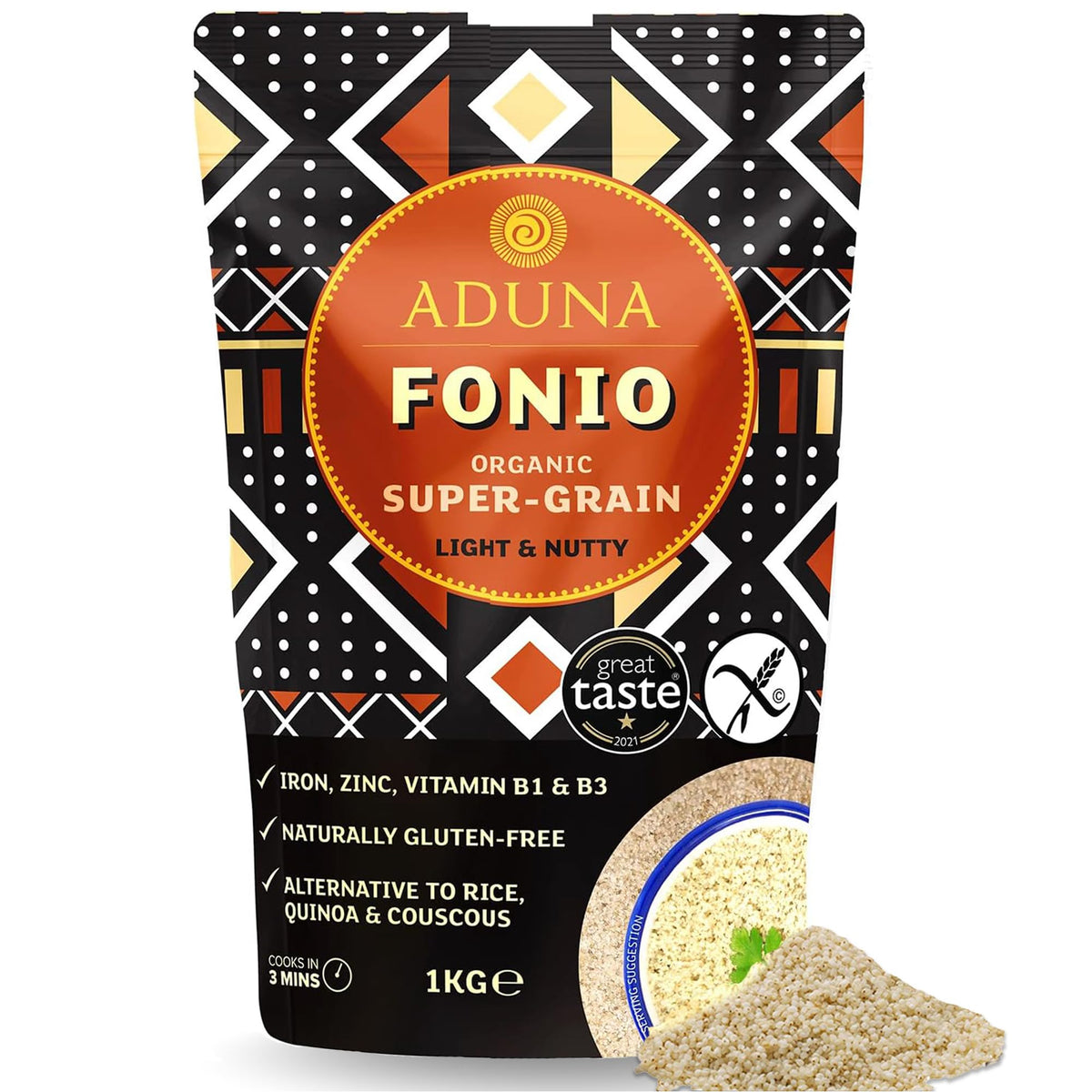 Aduna fonio front packaging showing 1kg bag and organic branding for pantry stocking