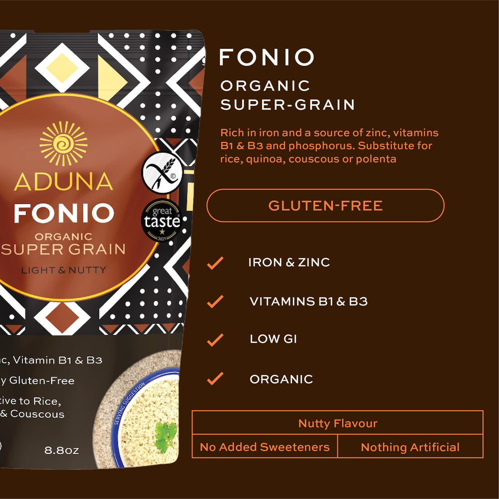Aduna fonio close-up of tiny whole grains highlighting light, fluffy texture