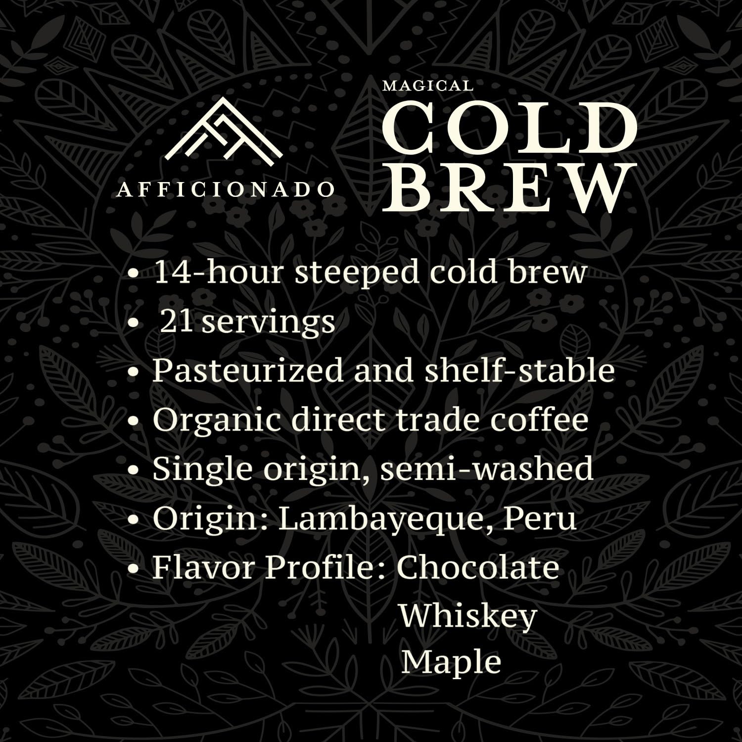 Afficionado label detail with single-origin Peruvian info and organic certification benefit