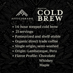 Afficionado label detail with single-origin Peruvian info and organic certification benefit