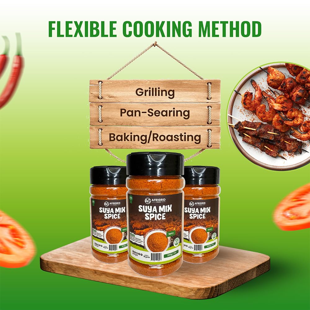 AFRIGRID suya spice in outdoor grill scene with skewers, perfect for backyard barbecues