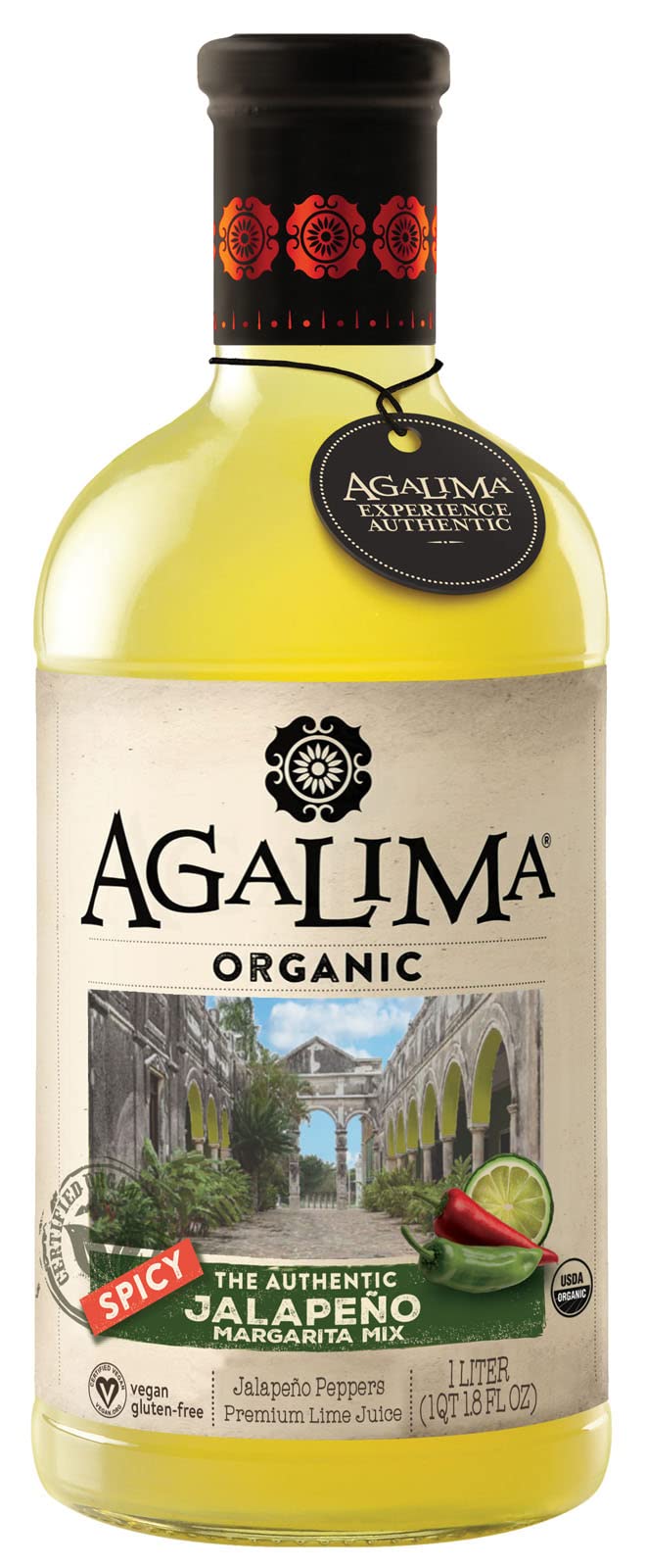 AGALIMA front bottle view showing spicy jalapeño mix and organic benefit