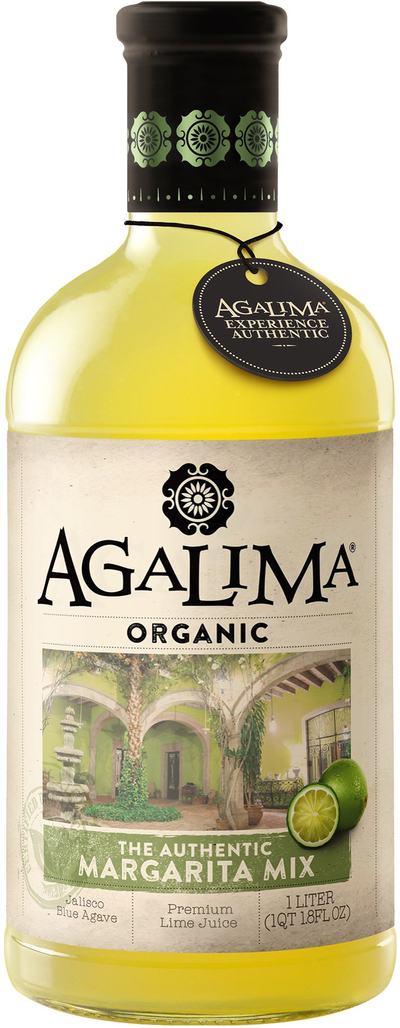 Agalima glass bottle front view showing label and organic mixer benefits
