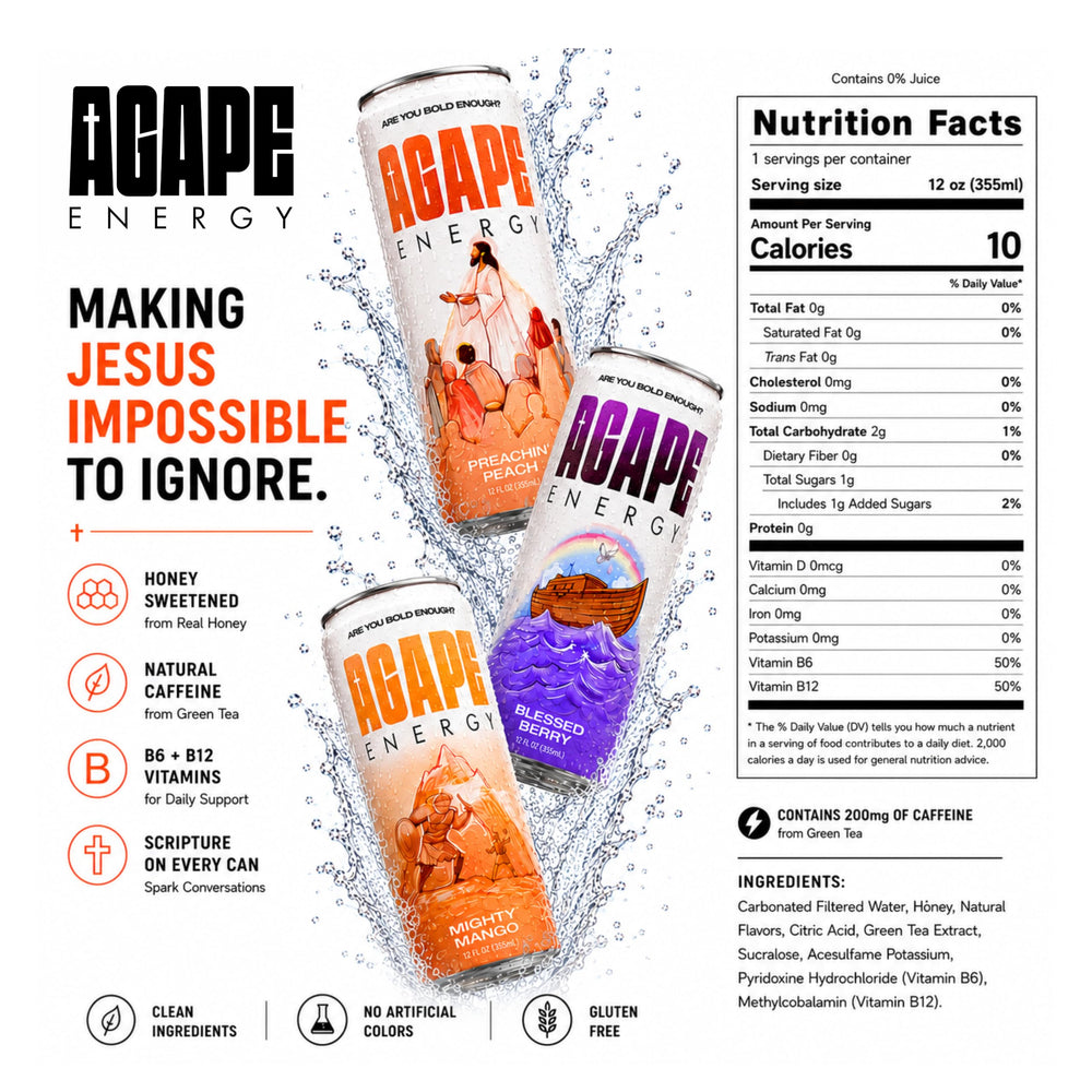 Agape Energy can close-up label with nutrition highlights, communicates clean caffeine