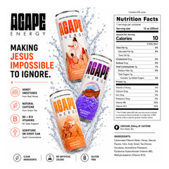 Agape Energy can close-up label with nutrition highlights, communicates clean caffeine