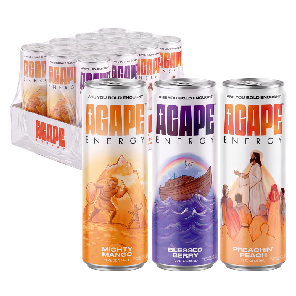 Agape Energy front packaging showing 12-pack and mission details, inspires support