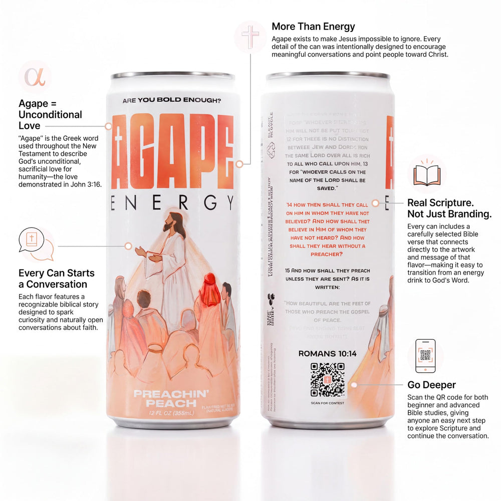 Agape Energy three cans lineup displaying Preachin' Peach Mighty Mango Blessed Berry flavors