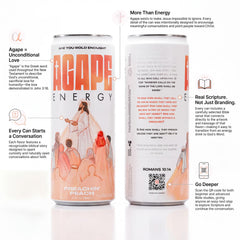 Agape Energy three cans lineup displaying Preachin' Peach Mighty Mango Blessed Berry flavors