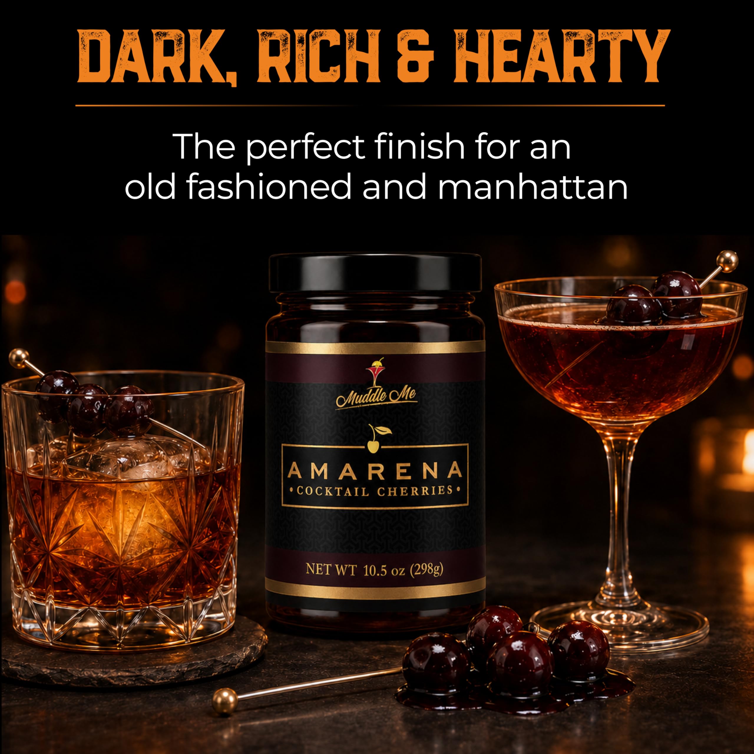 Aged & Charred cherries close-up highlighting texture and rich flavor