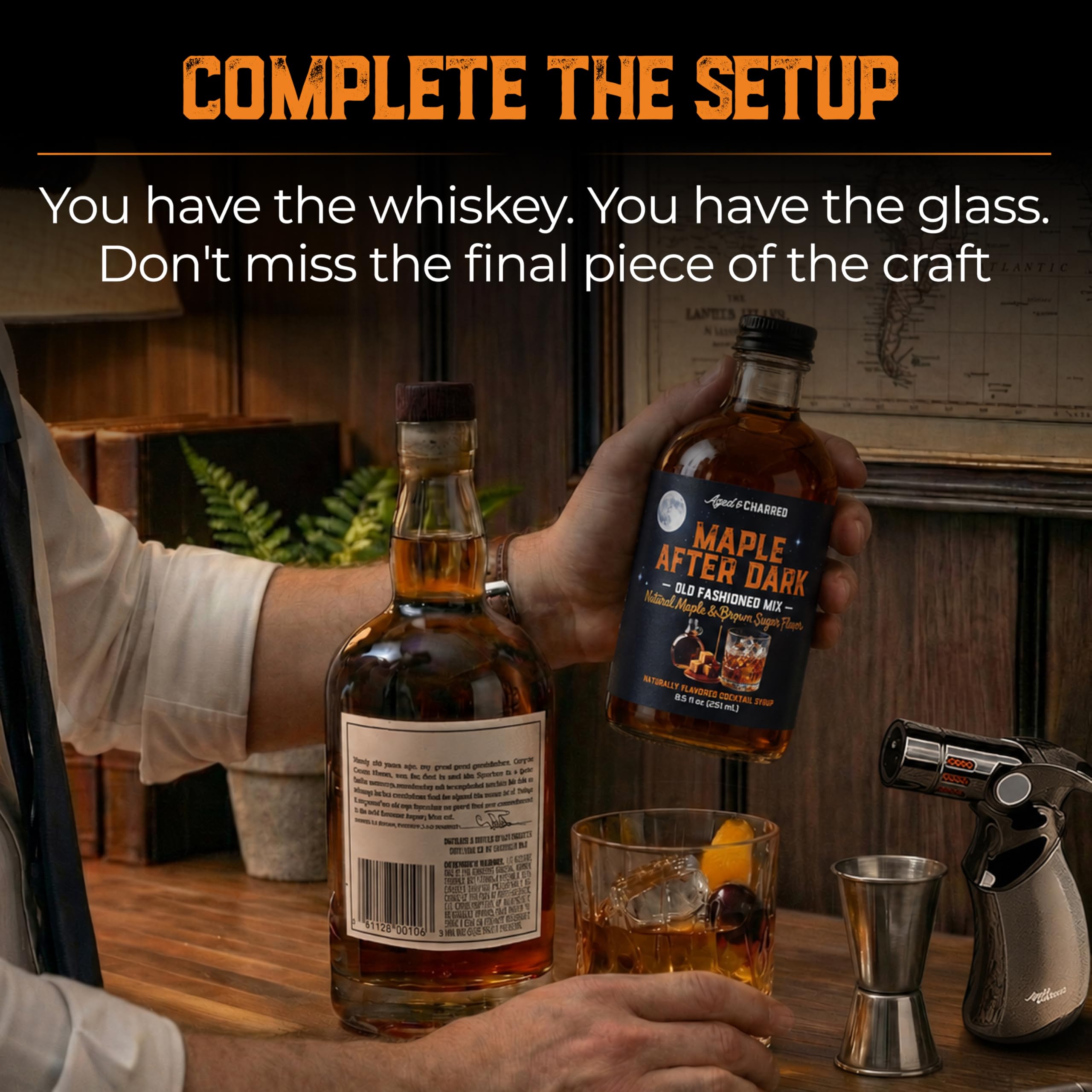 Aged & Charred label close-up highlighting small-batch ingredients list