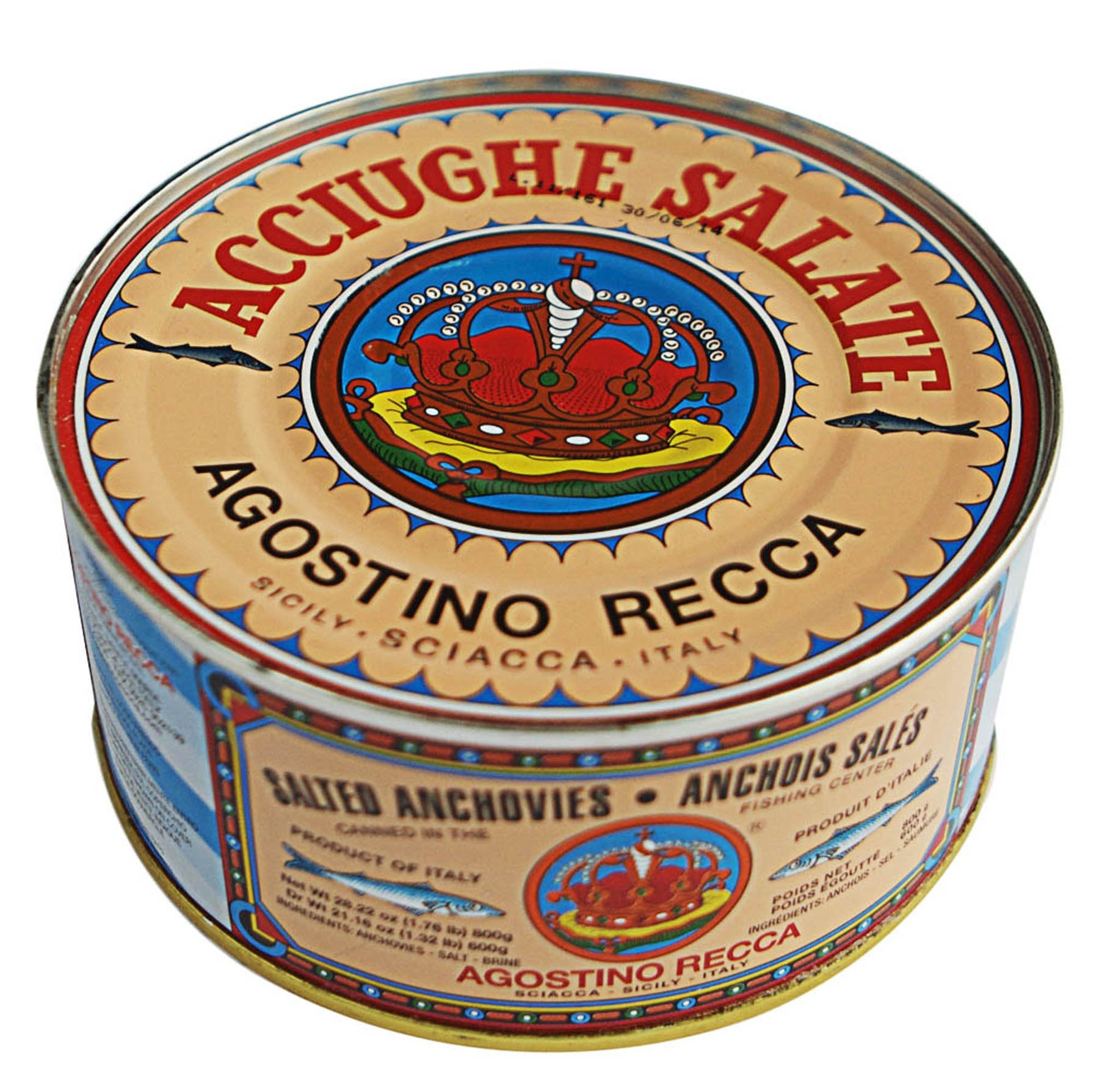 Agostino Recca front tin showing label and size for pantry-ready anchovies