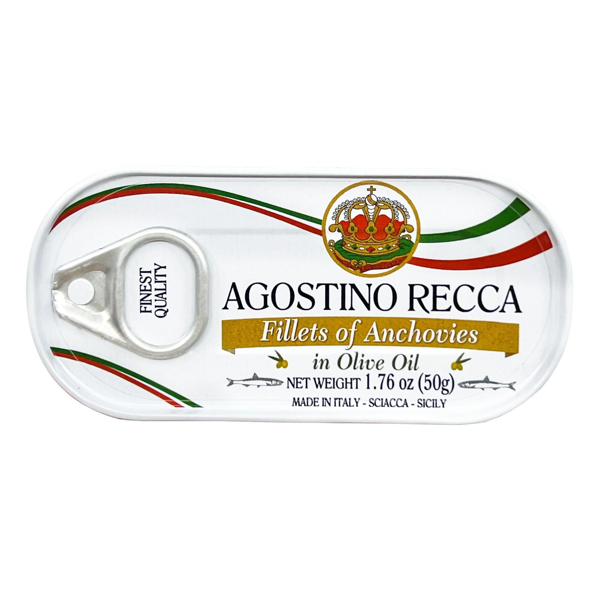 Agostino Recca open tin with anchovy fillets visible for easy use