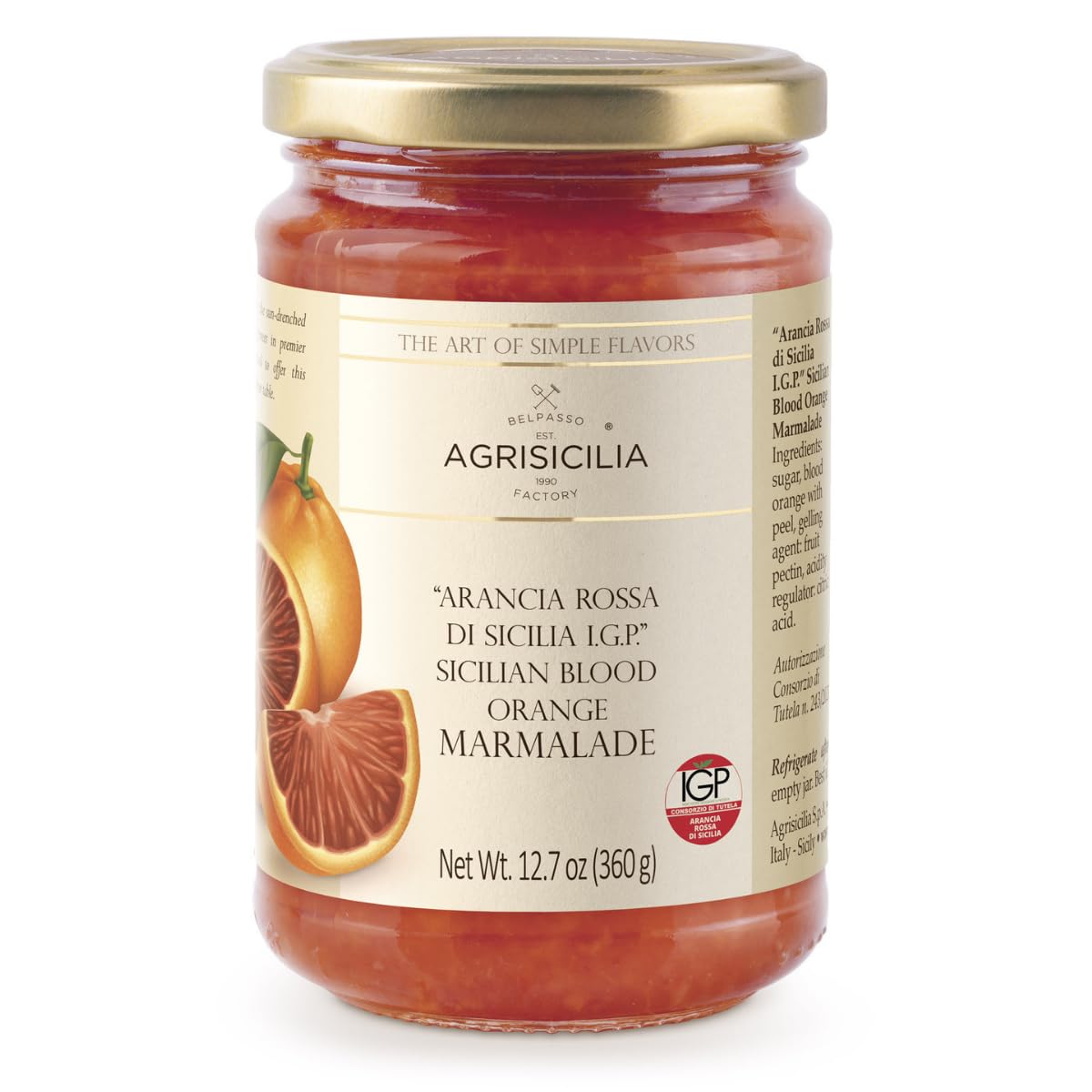 Agrisicilia glass jar front view showing label and amber blood orange marmalade