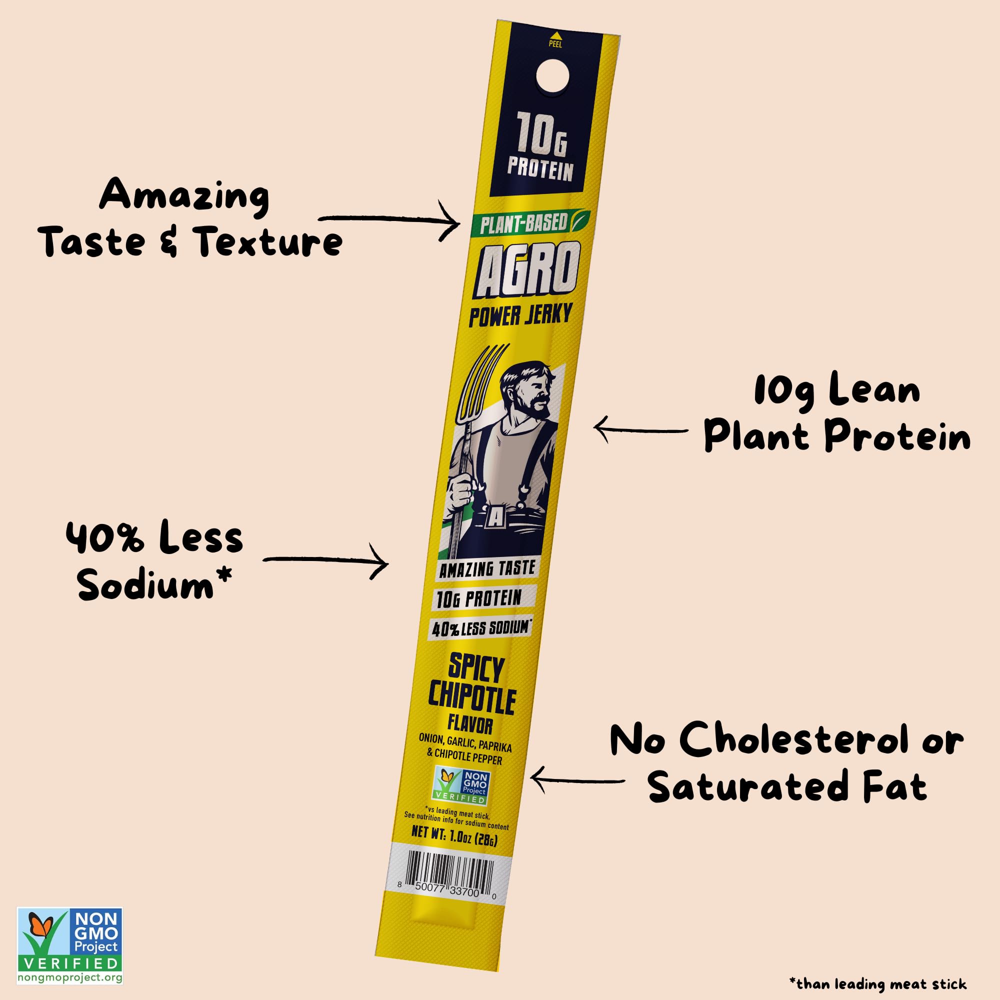 AGRO single chipotle jerky stick unwrapped to show size and smoky seasoning for easy on-the-go protein