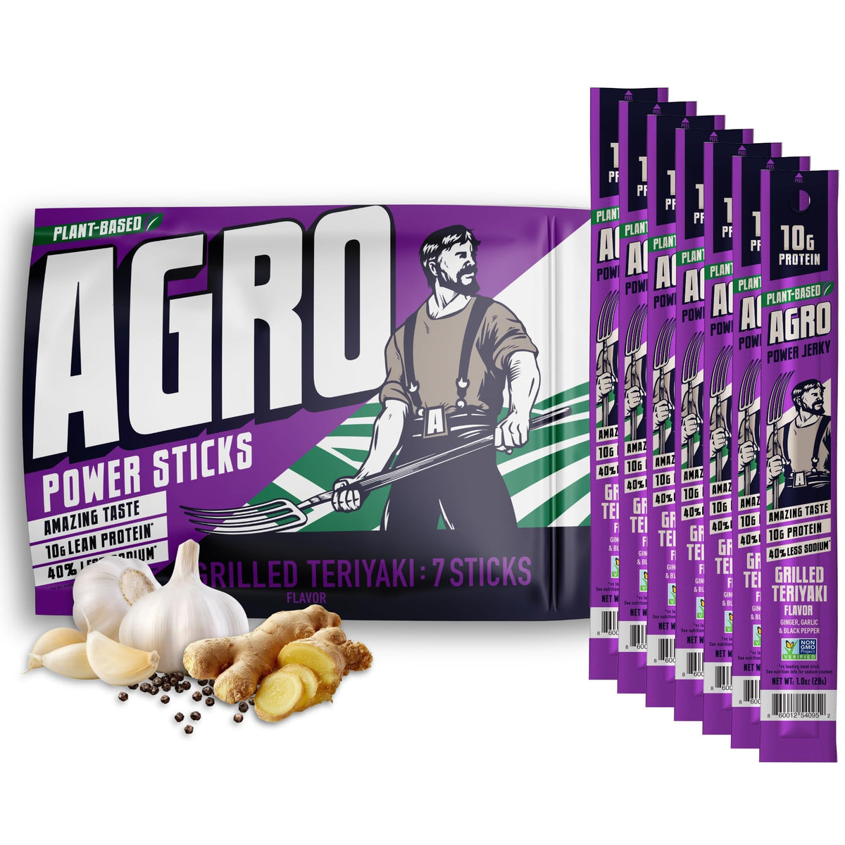 AGRO front packaging showing seven-stick bag and teriyaki branding, convenient portability