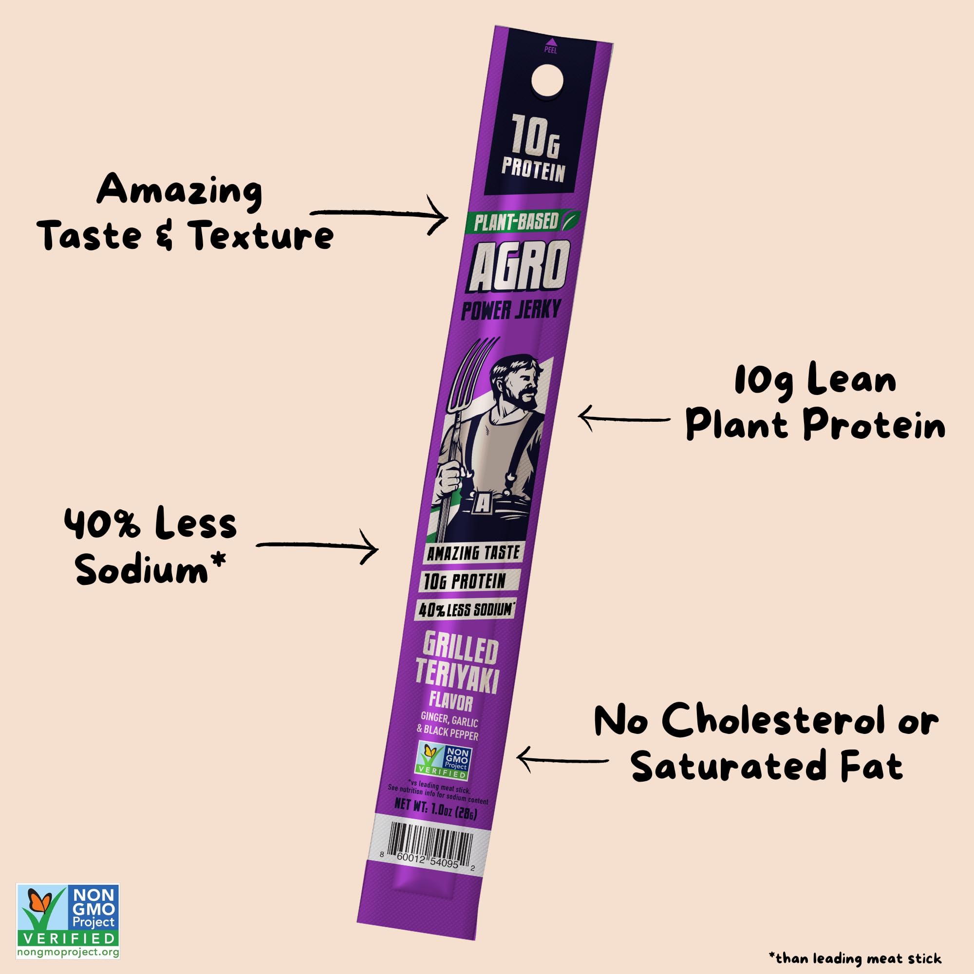AGRO individual jerky stick closeup highlighting seasoning and firm texture, high-protein snack