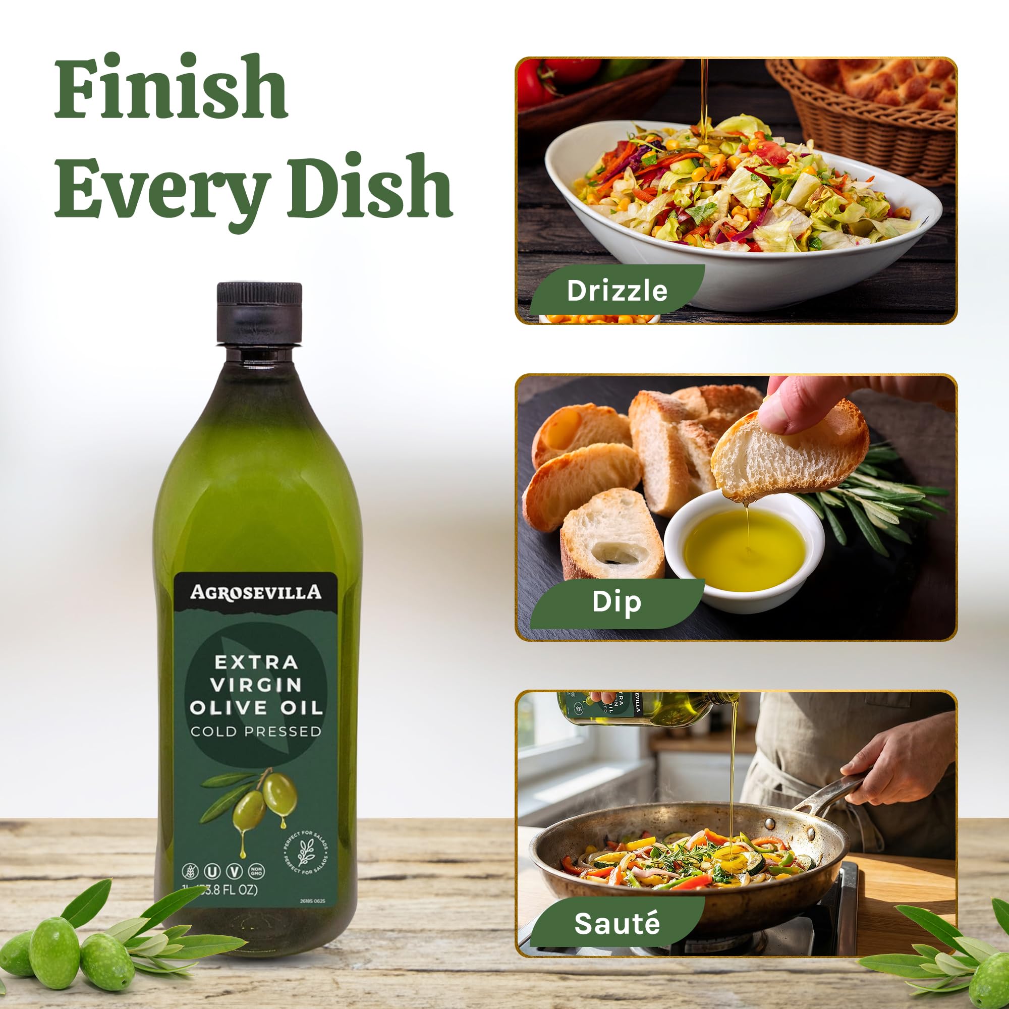 Agrosevilla 1L bottle staged with garlic herbs and bread to suggest cooking uses