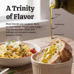 Agrosevilla label detail highlighting olive blend and cold-pressed quality information