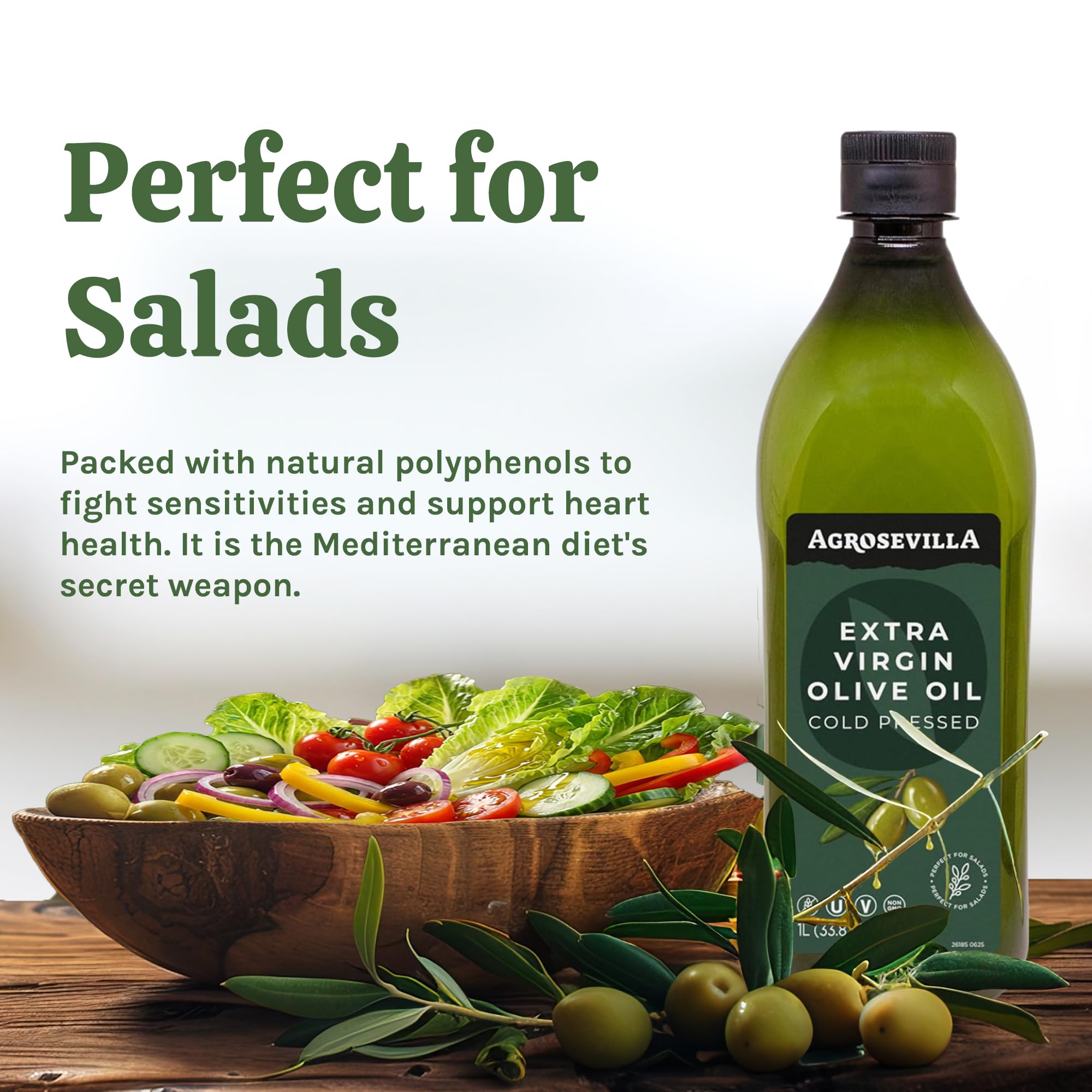Agrosevilla drizzled over salad emphasizing bright fruity notes and finishing benefit