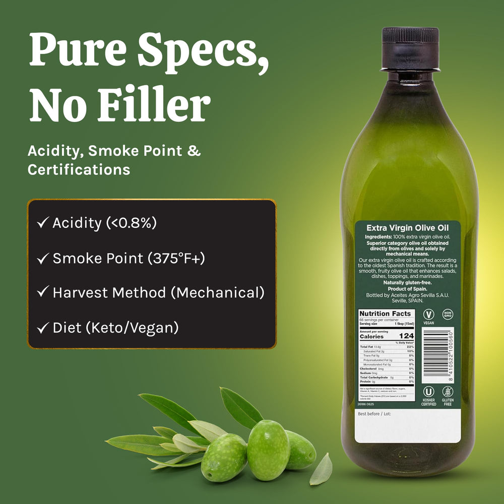 Agrosevilla 1L bottle shown next to a hand for clear size and volume comparison