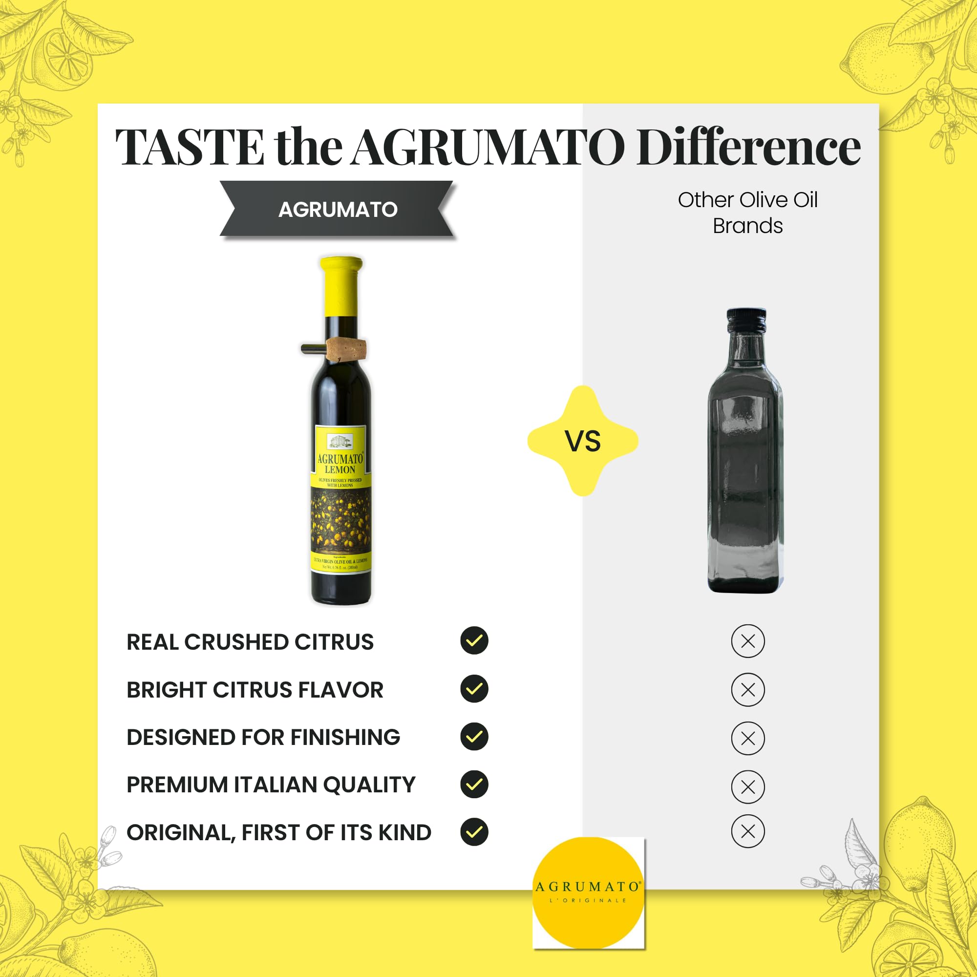 Agrumato bottle in kitchen setting suggesting gourmet finishing use and presentation benefit