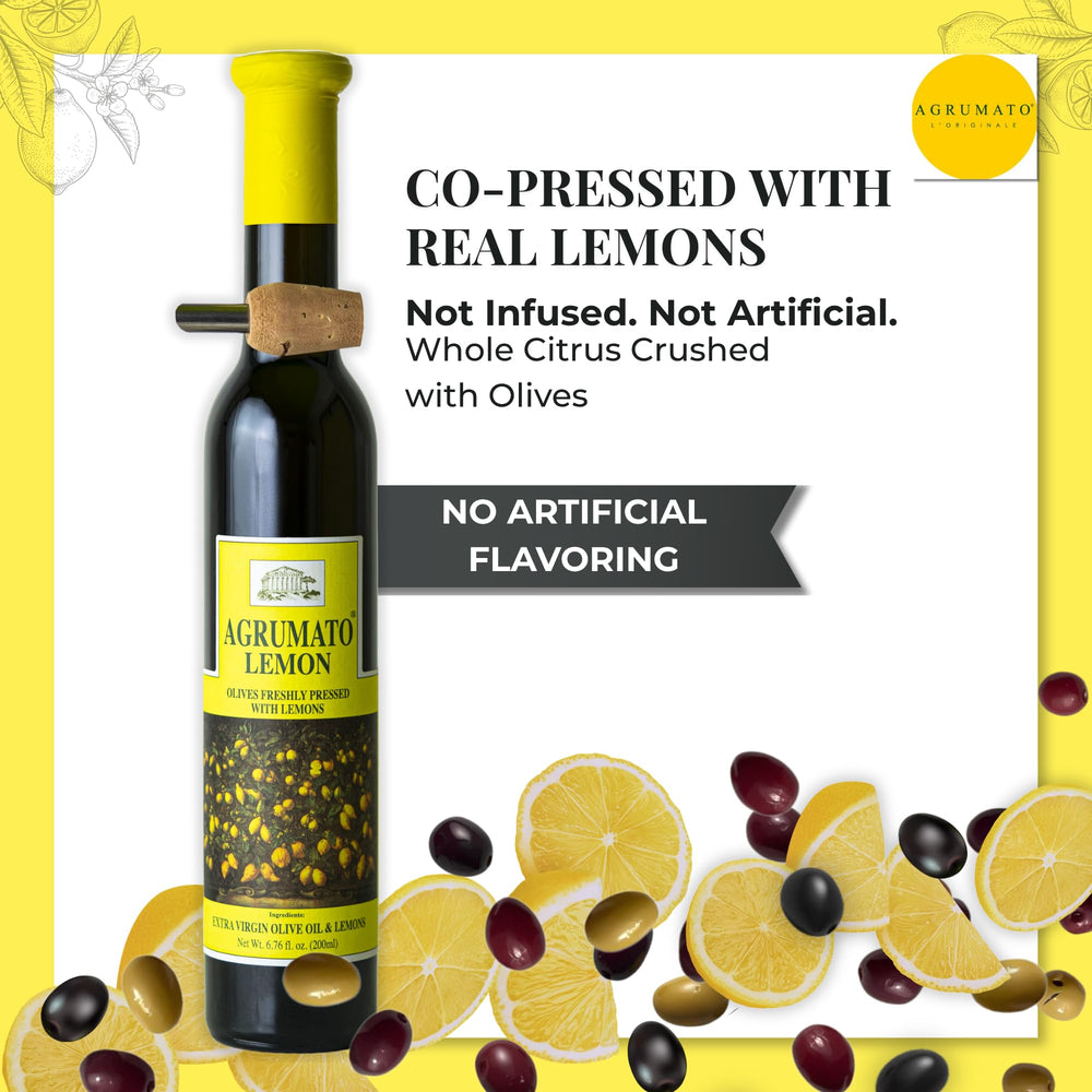Close-up of Agrumato label highlighting cold-pressed Italian quality and clarity benefit