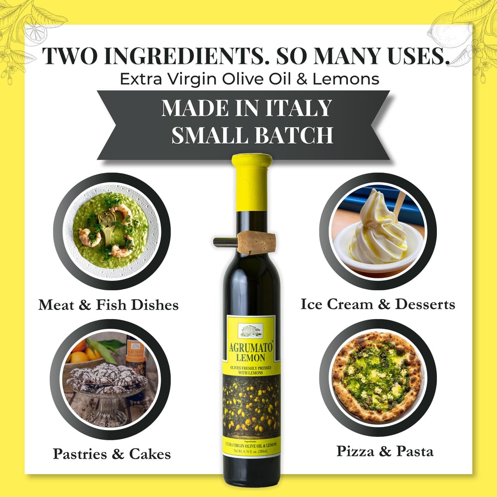 Fresh lemons and olives staged with Agrumato showing authentic co-pressed ingredients benefit