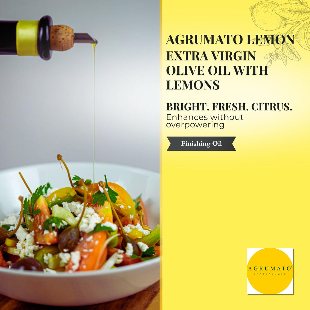 Agrumato oil pouring onto plate demonstrating easy drizzle and flavor boost benefit