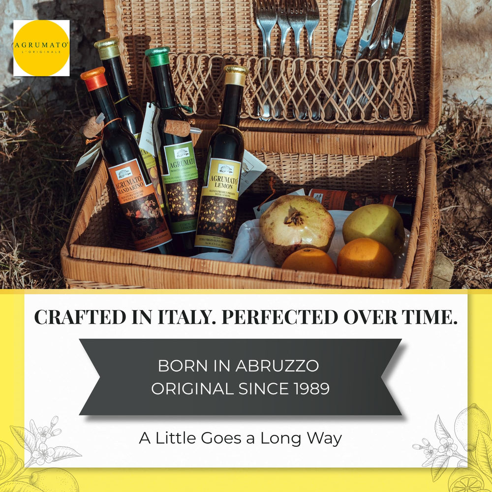 Agrumato bottle beside measuring cup showing 6.76 fl oz scale and portion-friendly benefit