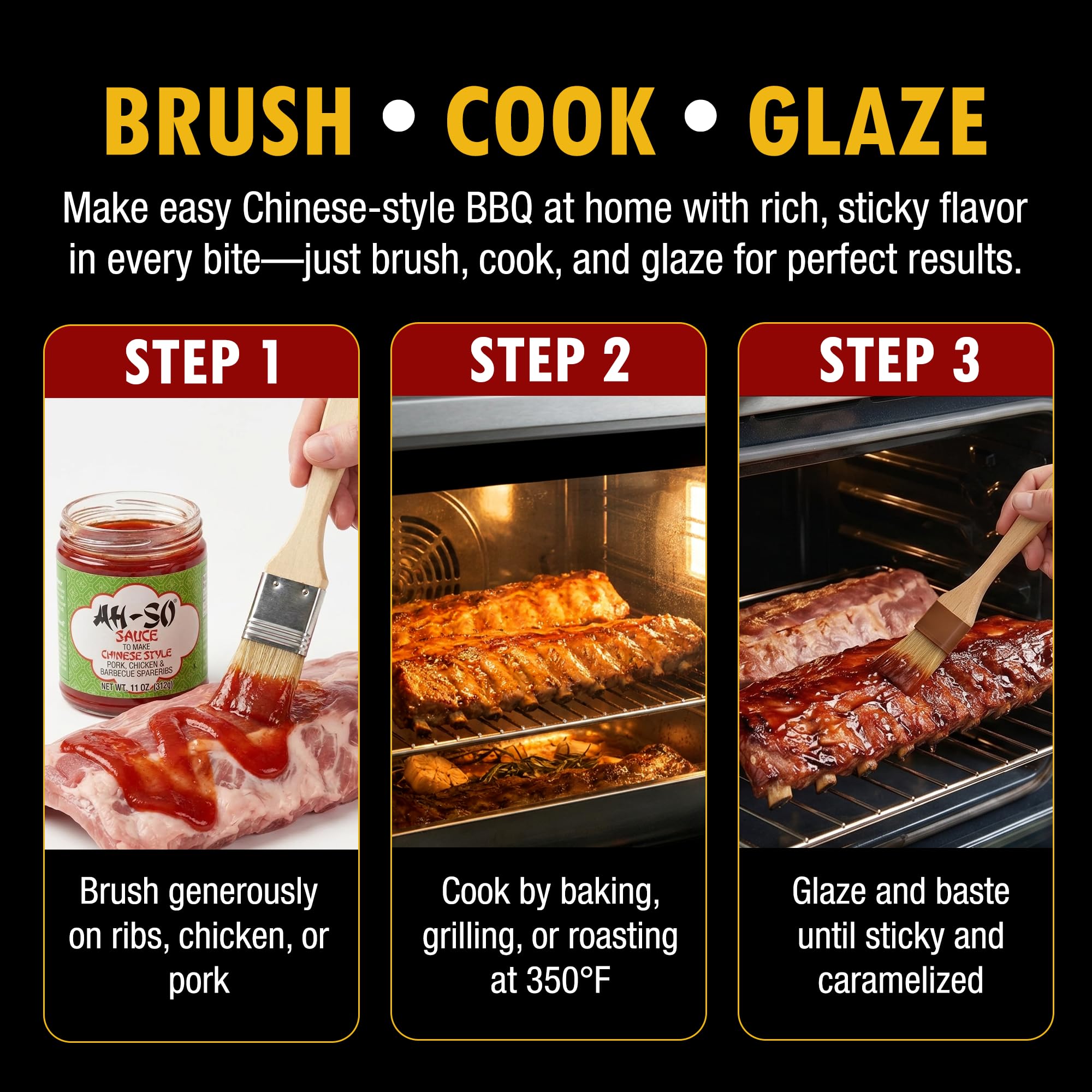 Ah So glazed ribs on platter showcasing bold takeout-style BBQ flavor