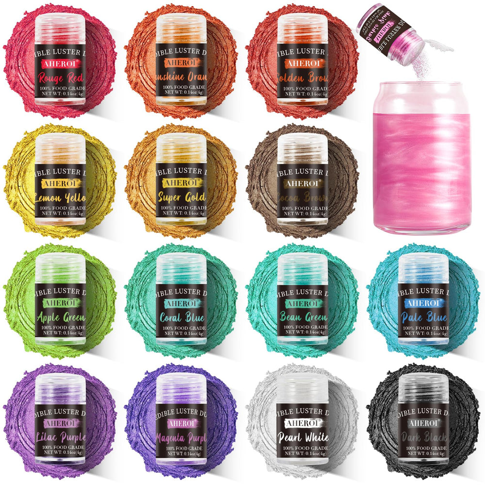 Aheroi front packaging showing 15 edible luster dust jars for versatile decoration
