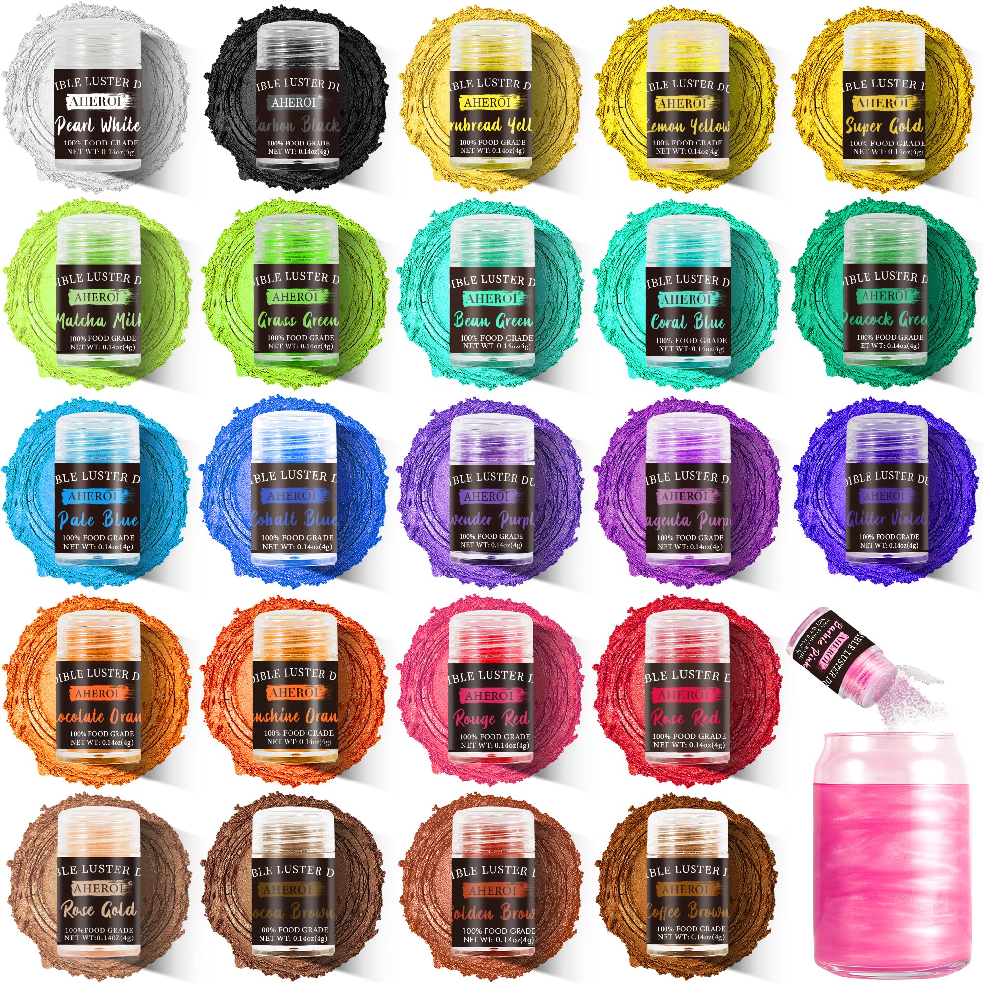 Aheroi front packaging displaying all 24 vibrant edible glitter bottles for easy selection