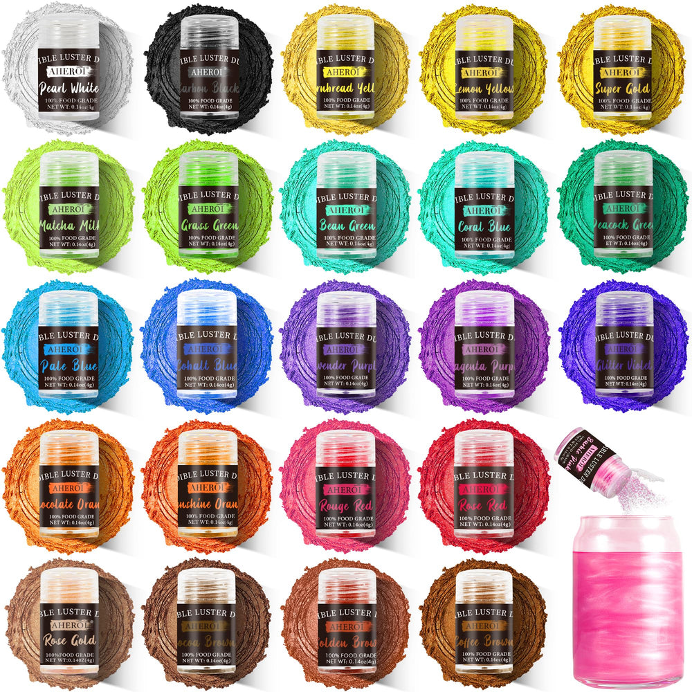 Aheroi front packaging displaying all 24 vibrant edible glitter bottles for easy selection