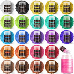 Aheroi front packaging displaying all 24 vibrant edible glitter bottles for easy selection