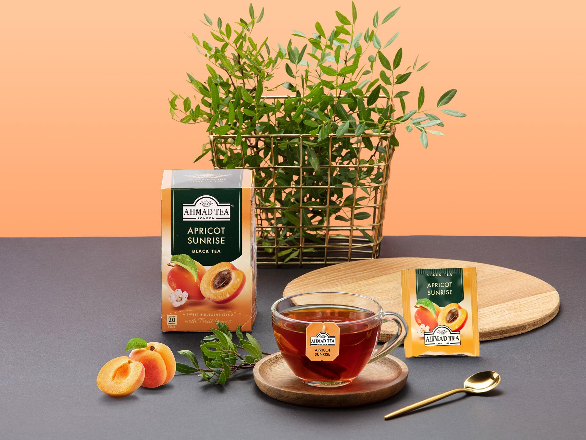 Ahmad Tea brewed cup with apricot aroma for a flavorful sip benefit