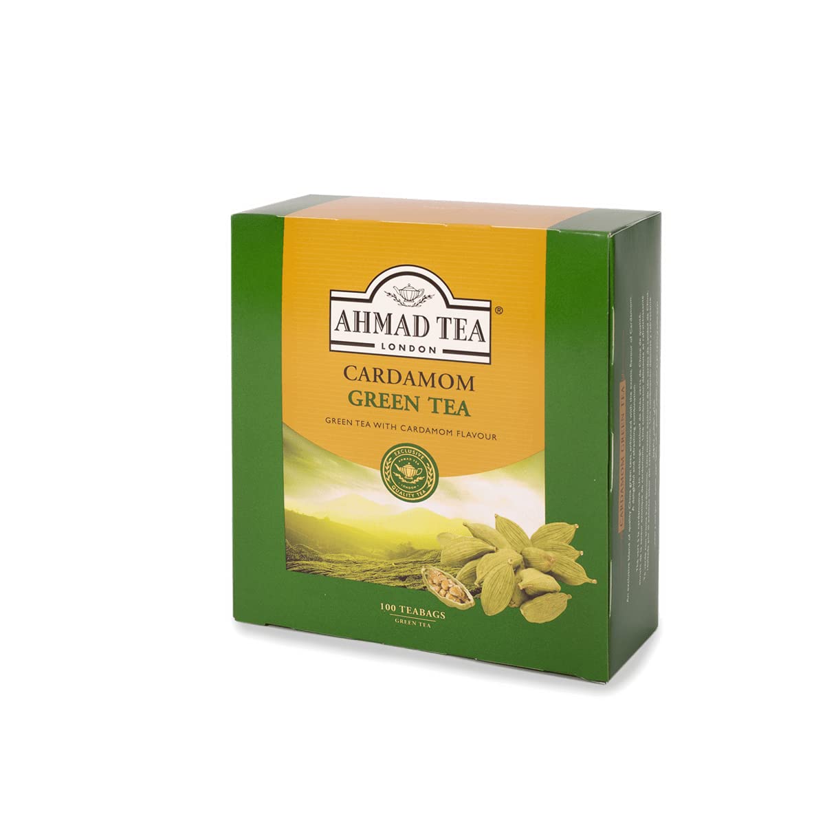 Ahmad Tea front packaging showing 100 teabags and product details, clear brand benefit