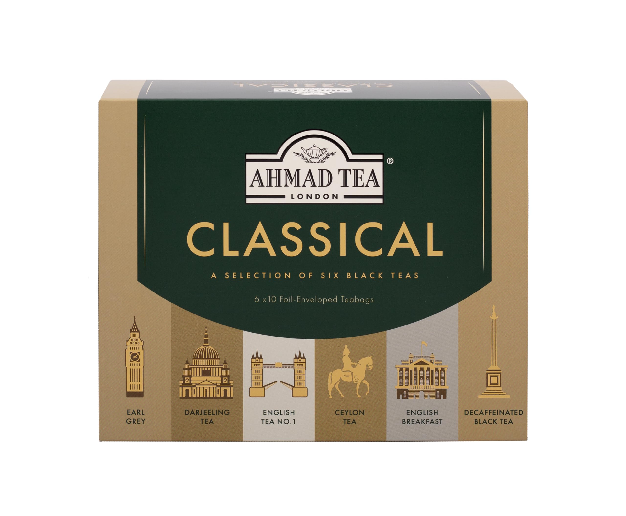 Ahmad Tea front packaging showing six-variety box and freshness sealing benefit