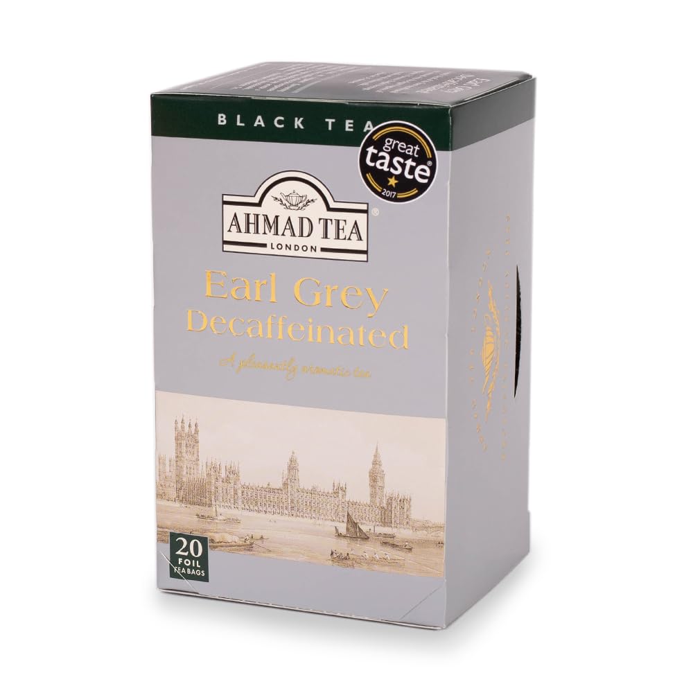 Ahmad Tea front packaging showing decaffeinated Earl Grey and box details for easy storage