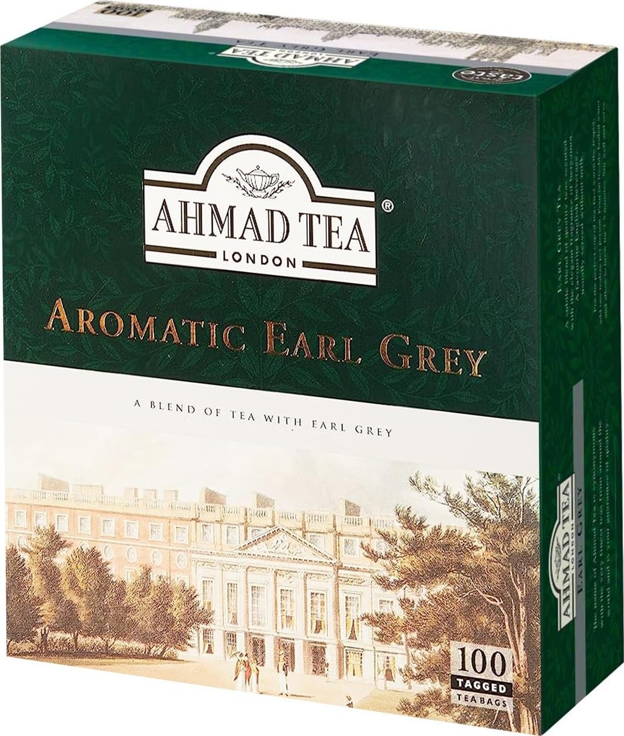 Ahmad Tea Earl Grey front packaging showing 100 teabags and bergamot aroma