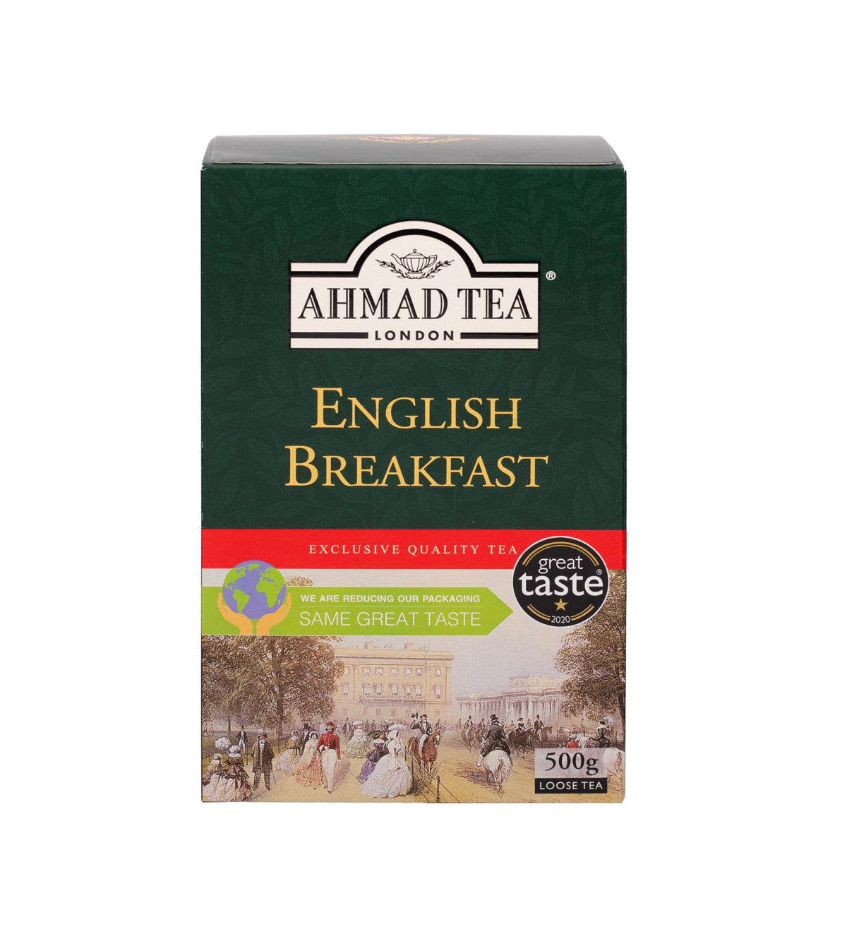 Ahmad Tea front box showing English Breakfast branding and value pack benefit