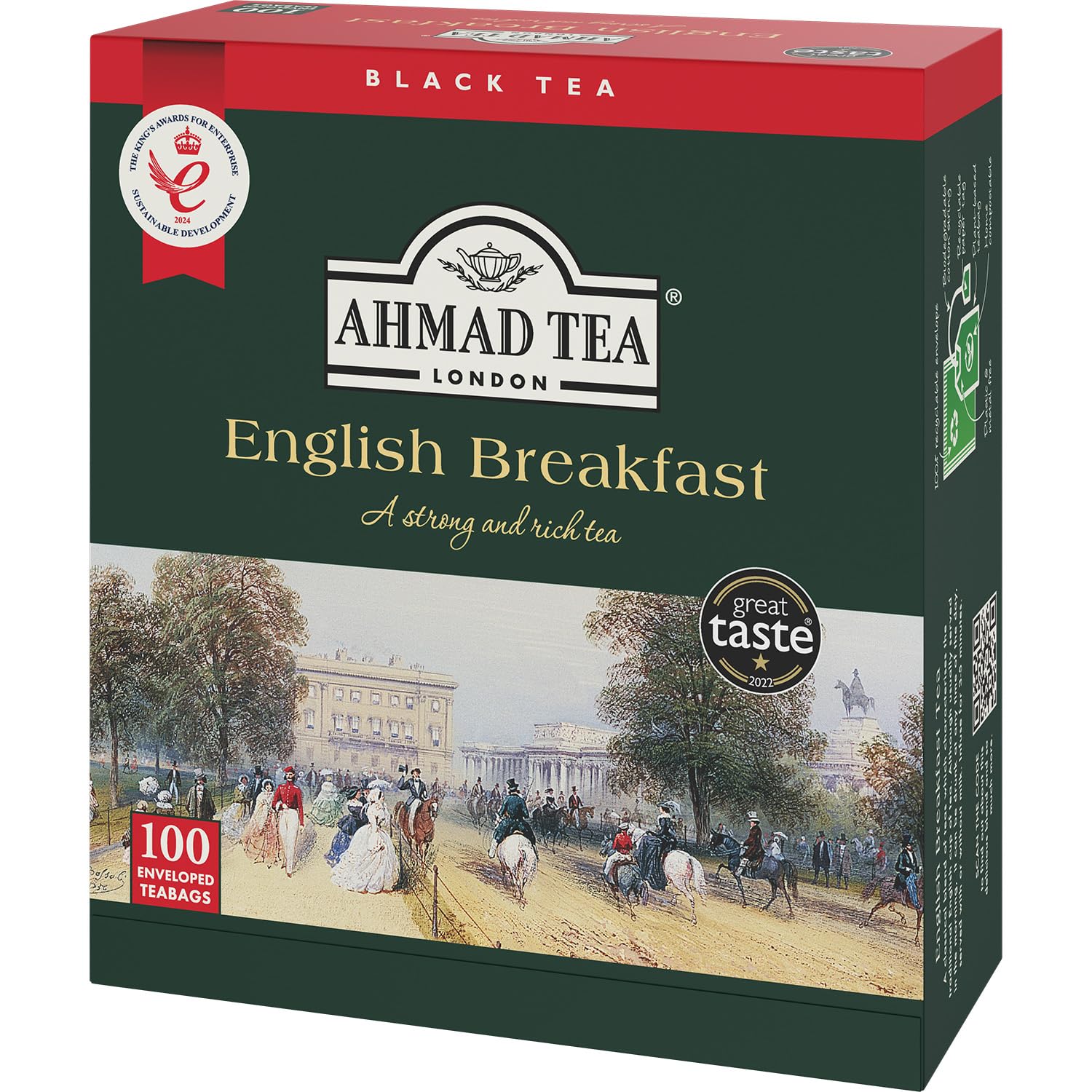 Ahmad Tea front packaging showing 100-count foil-wrapped teabags and shelf-friendly design
