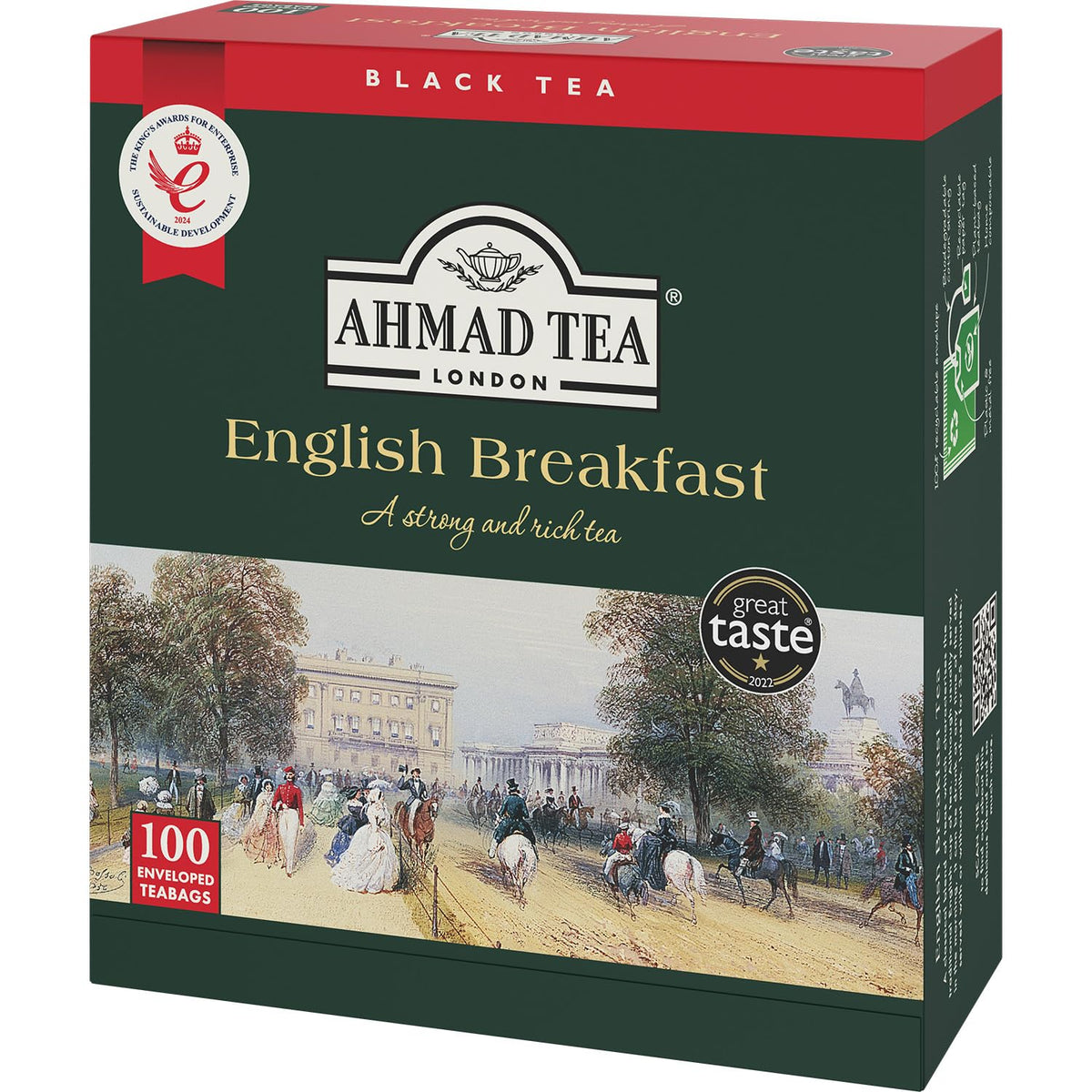 Ahmad Tea front packaging showing 100-count foil-wrapped teabags and shelf-friendly design