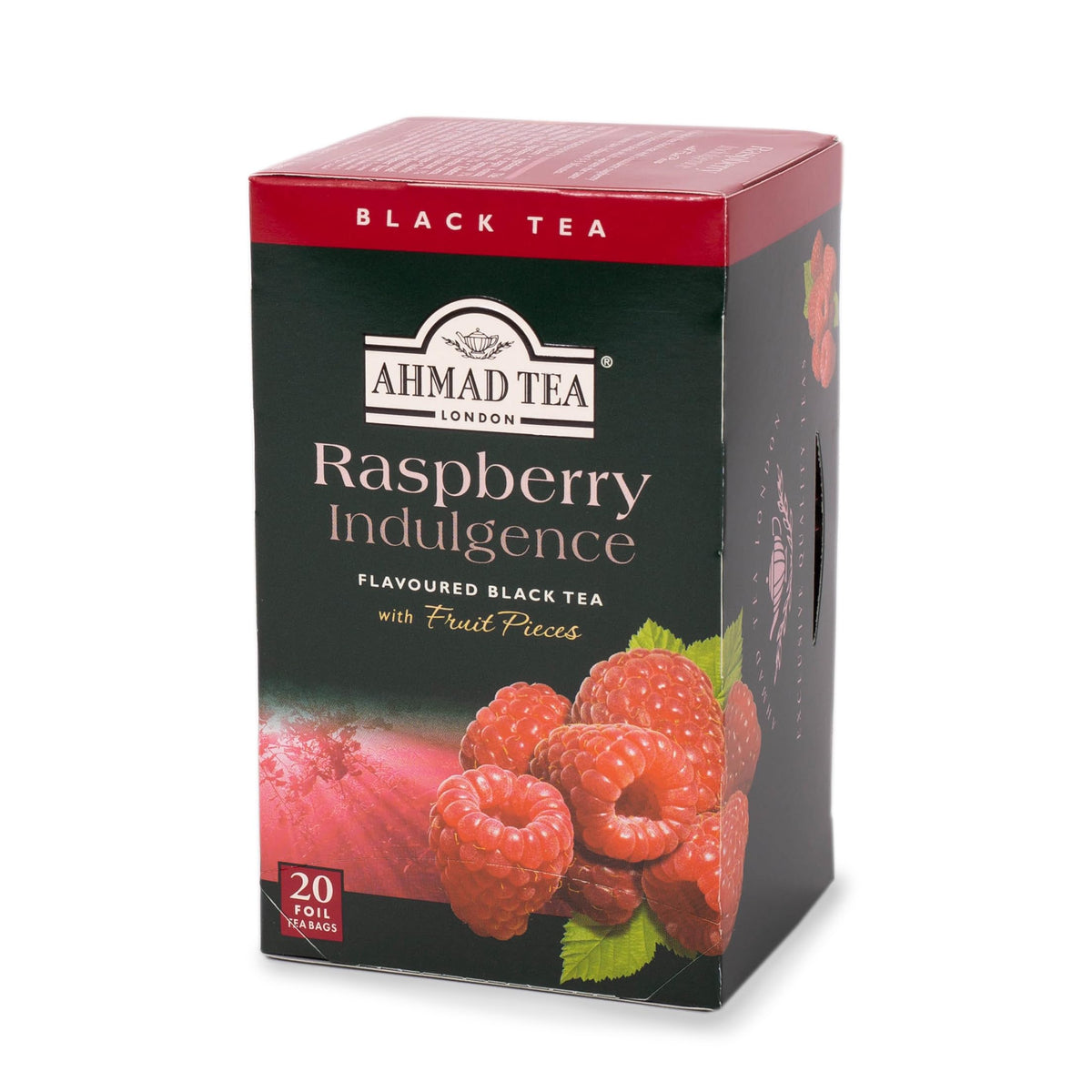 Ahmad Tea front packaging showing 20 tea bags and raspberry imagery for convenient servings