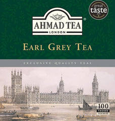 Ahmad Tea front packaging showing 100 tagged teabags and product information