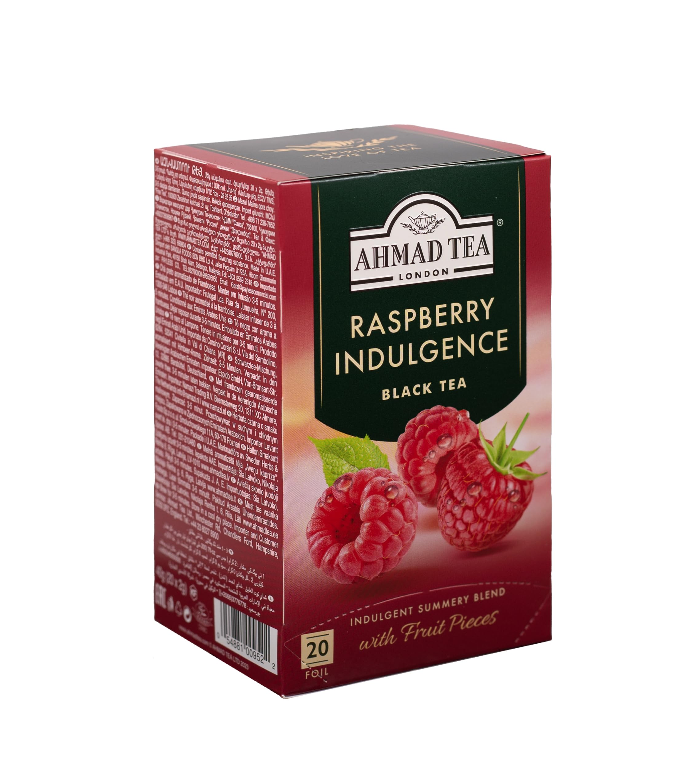 Ahmad Tea poured iced raspberry tea in a glass showing vibrant color and refreshment