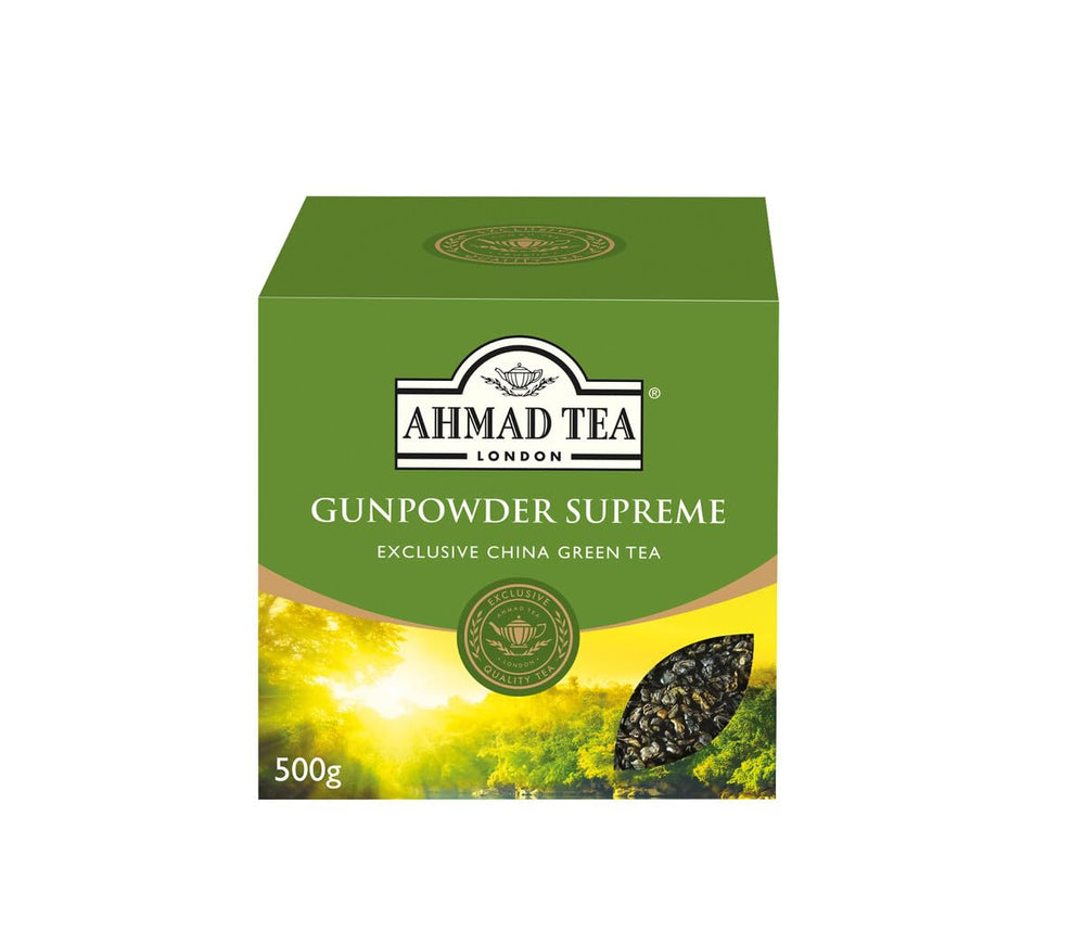 Ahmad Tea front packaging showing 500g tin and label, clear quality indication