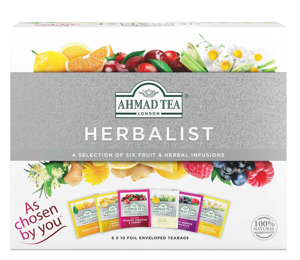 Ahmad Tea herbalist front packaging showing six-flavor assortment and foil-wrapped teabags for gifting