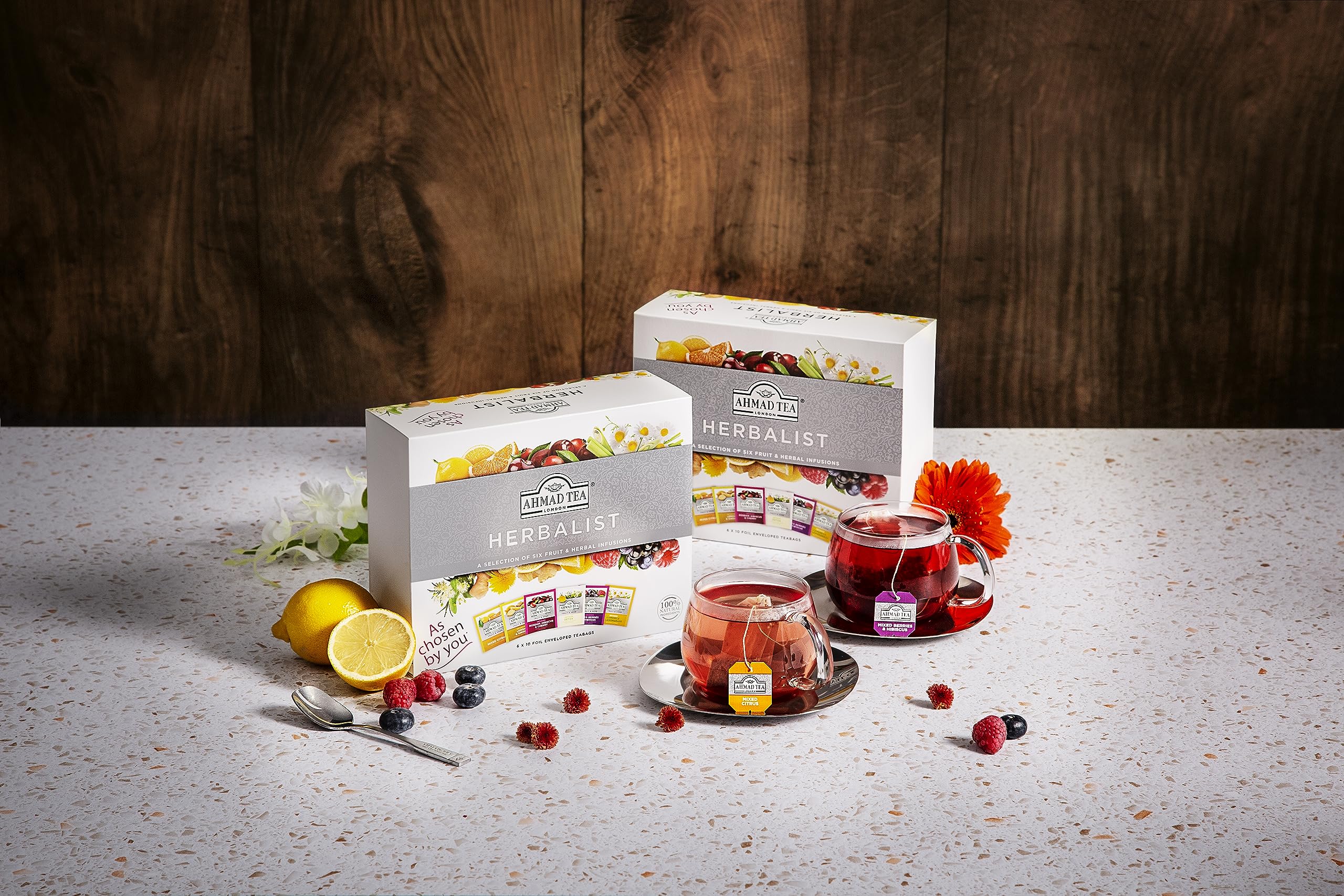Ahmad Tea teabag closeup with visible fruit pieces highlighting fresh flavor and easy brewing